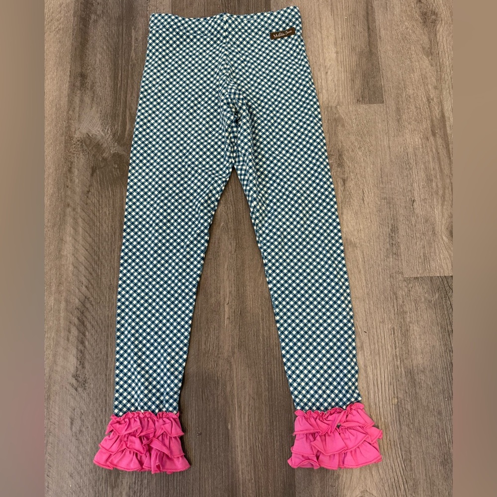 Matilda Jane Girls Blue Checkered & Hot Pink Ruffle Flare Leggings